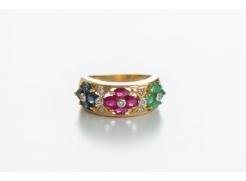 Beautiful Tricolor Sapphire, Ruby & Emerald 10k Gold Size 7 Statement Ring With Floral Design