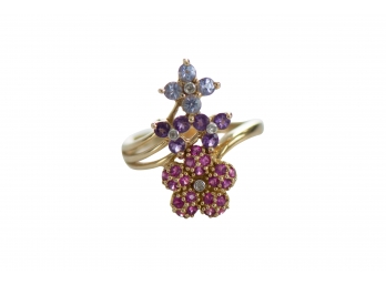 Vibrant 10k Gold Ring With Floral Design And Tanzanite, Amethyst, & Rhodolite Gemstones