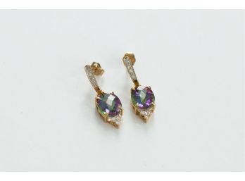 Stunning Pair Of Drop Pendant 10k Gold Earrings With Rainbow Topaz And White Zirconia