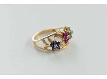 Beautiful 10k Yellow Gold Ring With Multi-colored Flowers Of Ruby, Sapphire, & Emerald