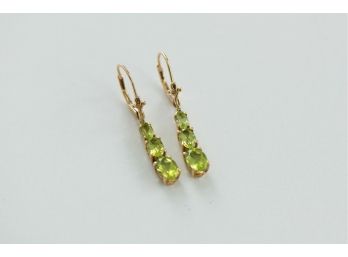 Beautiful Pair Of 14k Gold Pendant Earrings With Three Tiered Peridot Stones