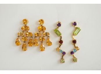 Beautiful Pair Of Two Earrings Including 14k Citrine Drop Earrings And Colorful 10k Multi Stone Earrings