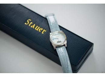 Stauer New In Box Stainless Steel Atomic Watch With Blue Patent Leather Band