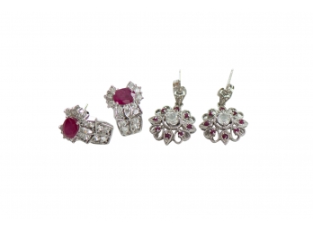 Beautiful Pair Of 2 Sterling Silver Earrings Featuring Rhodolite, Ruby And White Topaz