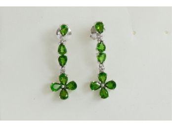 Gorgeous Pair Of 14K Dangle Earrings With Vibrant Green Chrome Diopside And Shamrock Like Design