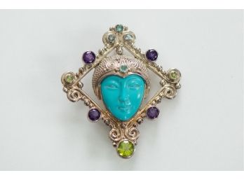 Stunning Sterling Silver Designer Sajen Goddess Pendant Or Brooch With Turquoise Face