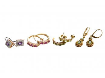 Beautiful Grouping Of Four Pairs Of Sterling Silver Earrings With Amethyst, Ruby, Emerald And Peridot