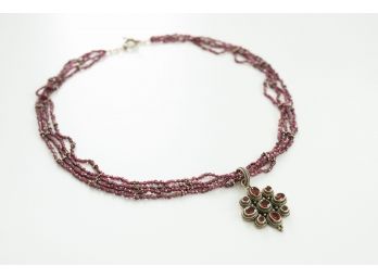 Gorgeous Sterling Silver Pendant Necklace With Multi-strand Red Garnet Seed Beads