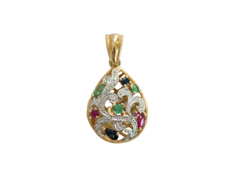 Gorgeous Tricolor Sapphire, Ruby, & Emerald 10k Gold Cage Locket Pendant Marked CRP