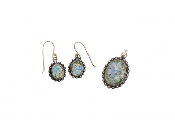 Stunning Roman Glass Jewelry Pendant & Earrings Set Marked Sterling Silver