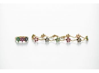 Very Pretty And Dainty 14k Yellow Gold Floral Bracelet And Ring With Vibrant Rubies, Emeralds & Sapphires