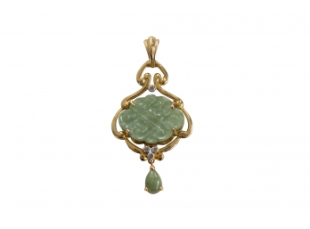 Gorgeous 10k Yellow Gold & Jade Pendant With Chinese Character Design