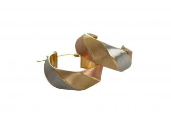Beautiful Tricolor Gold Geometric Hooped Earrings Marked 14k