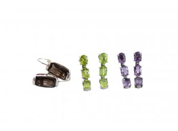 Lovely Grouping Of Sterling Silver Earrings With Vibrant Stones Including Peridot, Amethyst, & Smokey Quartz