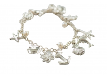 Sterling Silver Beach-themed Charm Bracelet & Sweet Pearl Accents