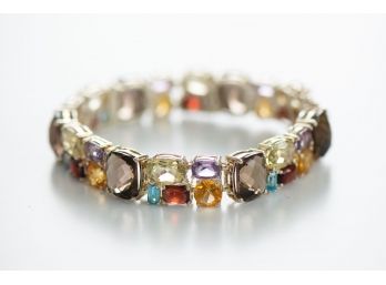 Gorgeous And Vibrant Multi Gemstone Tennis Bracelet Marked Sterling With Smoked Quartz, Amethyst, And More!