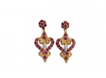 Beautiful 10k Gold Lavalier Style Earrings With Vibrant Pink Ruby Gemstones