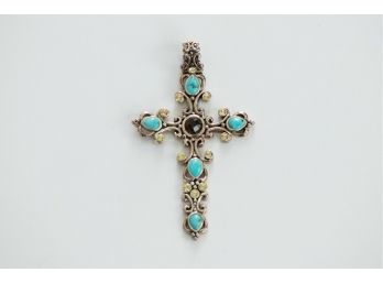 Beautiful Sterling And Turquoise Cross Pendant Or Brooch By Barse