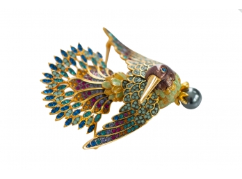 Joan Rivers Made In Thailand Vibrant & Ornate Rhinestone Bird Balancing On Pearl Brooch