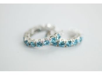 Beautiful Pair Of 10K Gold Dainty Hoop Earrings With Vibrant Blue Topaz Stones
