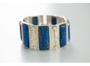 Heavy And Lovely Sterling Silver And Lapis Hinged Bangle Bracelet Made In Canada