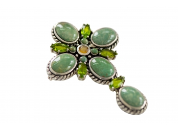 Sterling Silver And Stone Designer Cross By Barse Either Pendant Or Brooch With Peridot Stones
