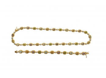Lovely Gold Over Sterling Silver Bracelet And Necklace Statement Set With Inlaid Stones