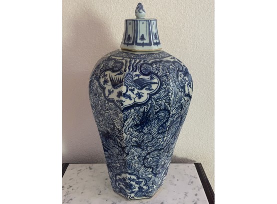 Huge Chinoiserie Temple Jar With Horse, Phoenix , & Dragon Blue And White Painted Design
