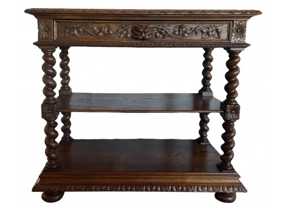 Stunning  Antique French Marble Topped Carved Oak Serving Sideboard With Barley Twist & Rosettes