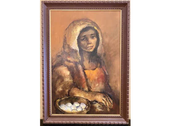 1970 Salvador Cabrera Signed Oil Woman With Eggs Painted Wood Frame