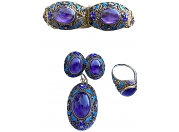 Silver Stamped Filigree And Enamel Set With Large Purple Cabochon Stones