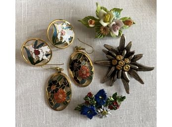 Great Grouping Of Floral And Enamel Jewelry Including Porcelain Flower Pin