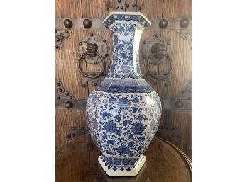 21.5' Tall Blue & White Hexagonal Signed Chinese Porcelain Vase With Dahlia Design
