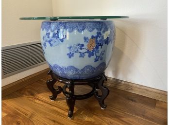 Antique Japanese Blue Jardiniere Side Table With Contrast White And Tan Flowers On Wooden Base
