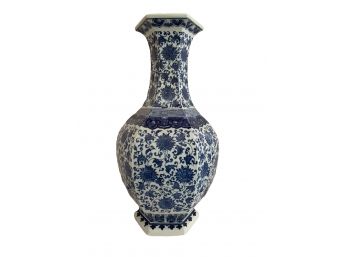 Beautiful Signed Blue & White Dahlia Motif Porcelain Chinese Vase With Hexagonal Top  20.5' Tall