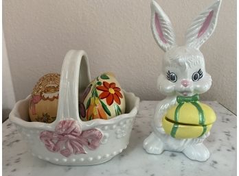 Great Grouping Of Easter Decor Including Easter Bunny Holding Trinket Box And Two Large Decorative Eggs