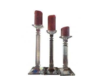 Pair Of Three Tiered Heavy Glass Columnar Pillar Candle Holders