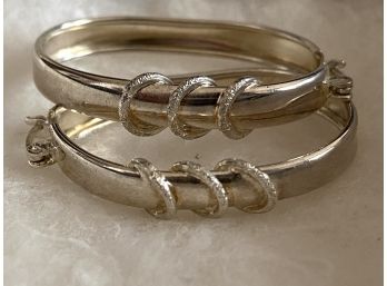 Beautiful Pair Of White Gold? Hoop Earrings With Triple Band Design