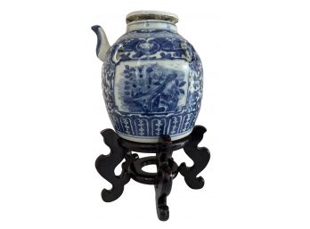 Antique Chinese Blue & White Hanging Ginger Jar Vessel With Spout On Stand