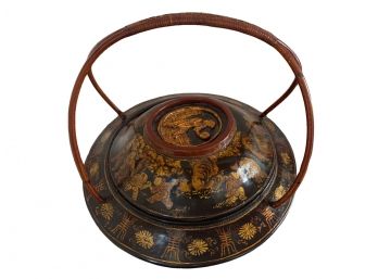 Rare! Chinese Basket With Painted Playful Figures