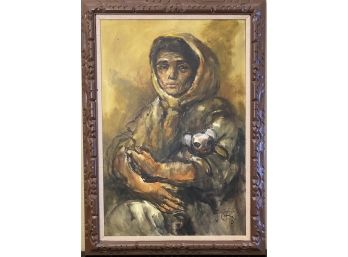 1970 Salvador Cabrera Signed Oil Painting Woman With Puppy Painted Wood Frame