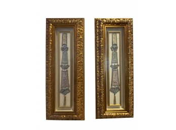 Stunning Pair Of Two Ornately Embroidered Chinese Silk Belt Sashes In Gilded Shadowbox Display