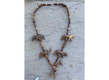 Carved Wooden Statement Necklace With African Animals Including Zebra, Rhinocerous & Giraffe