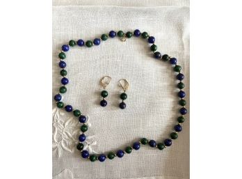 Stunning Signed Korean Lapis And Malachite Polished Stone Necklace With Matching Earrings- Signed