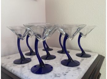 Set Of 8 Beautiful Blue Glass Stemmed Martini Glasses