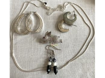 Great Grouping Of Silver Toned Jewelry Including Necklaces, Earrings And Rabbit Brooch
