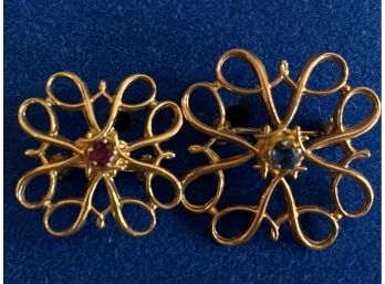 Pair Of Two Small 10k Gold Pins With Rhinestone Center