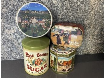 Great Grouping Of Vintage Tins Including Rose Brand Sugar & The Broadmoor Hotel