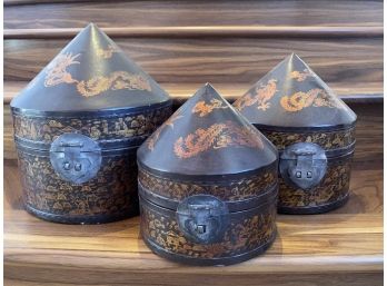 Pair Of Three Hinged Conical Chinese Hat Boxes With Painted Dragon Design