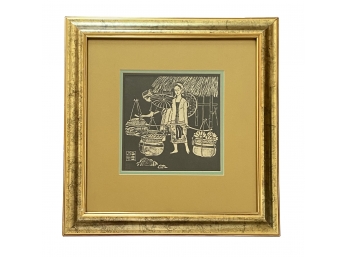 Beautiful Signed  & Framed Wood Block Print Of Women Carrying Vegetables